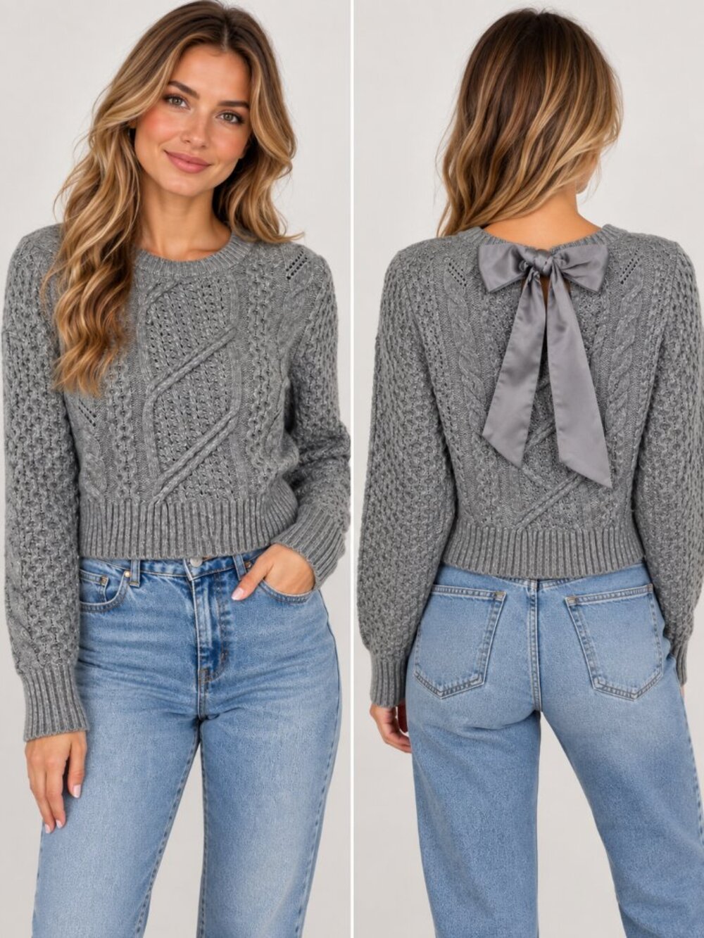 Express Gray Cable Knit Sweater with Satin Bow Tie Back Size L